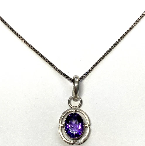 Vintage Amethyst 925 Sterling Silver Pendant Concentric Ring Frame Necklace 18"