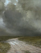 Sky Line Landscape Oil Painting Canvas Board Country Road Gray Autumn Art