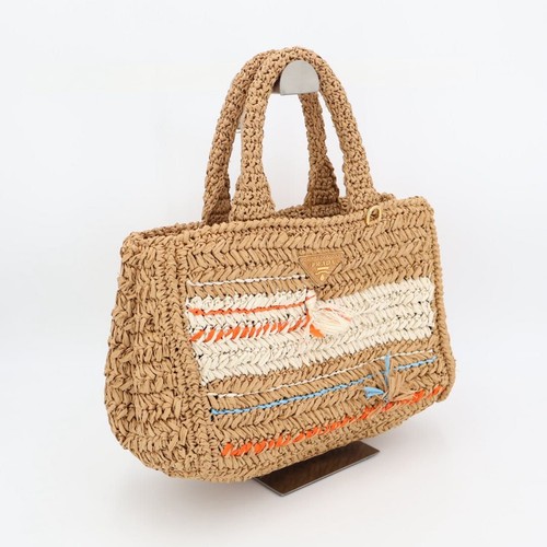 PRADA Raffia Basket Bag Tote Shoulder Bag 2-way Brown Orange Light Blue Auth
