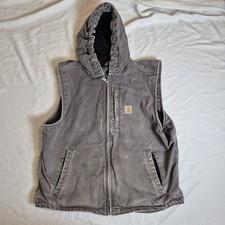 VTG Carhartt 103837 GVL Duck Canvas Hooded Vest L Large Grey Distressed