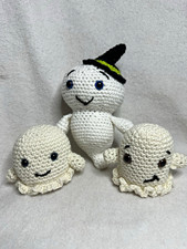 Handmade Crochet Ghost Plush Lot of 3, 1 Black Witch Hat, Small Halloween