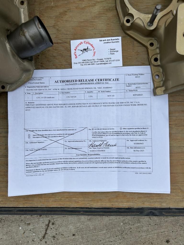 Certified Lycoming O-320 N/D Spot Faced Flange Crankcase w/8130