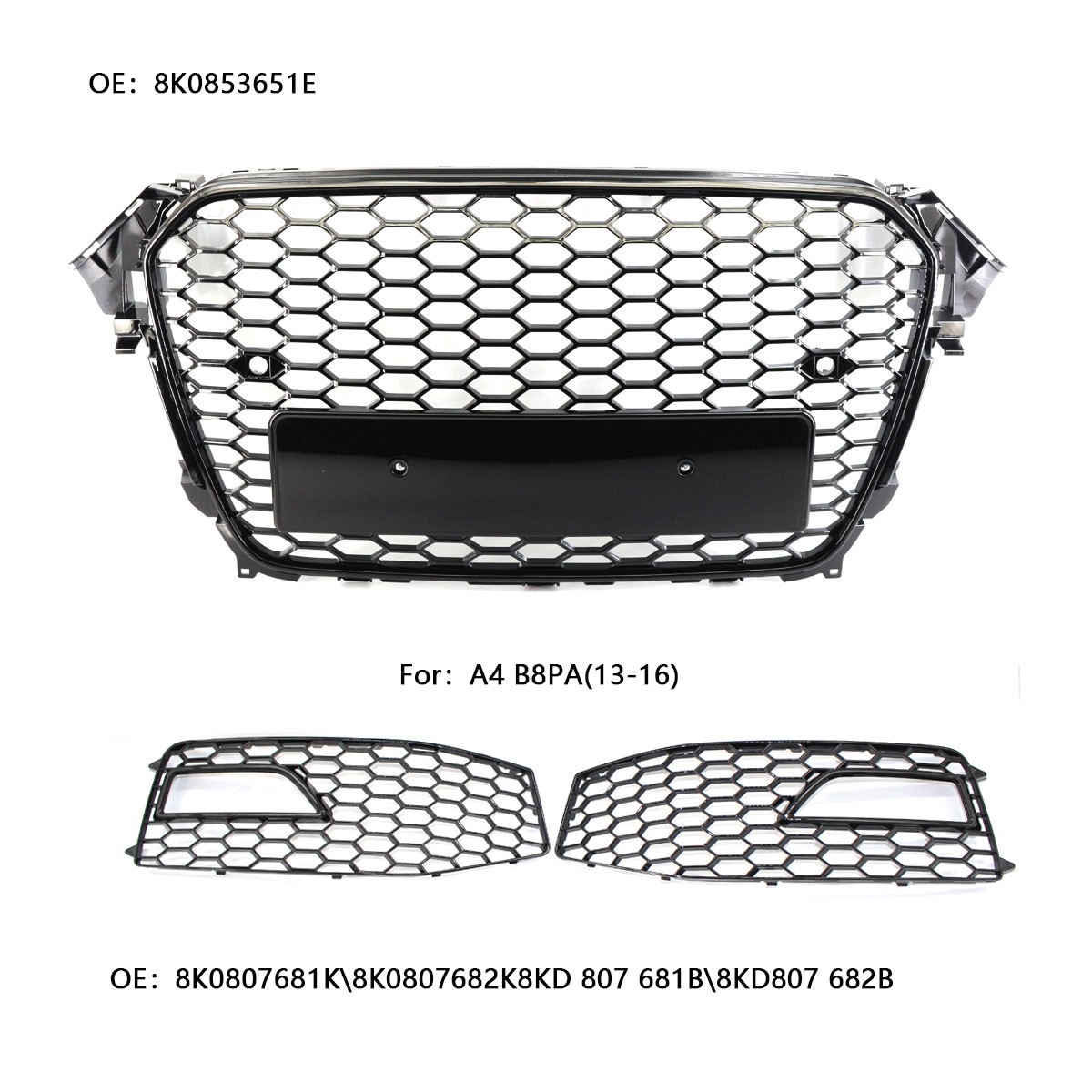 Honeycomb RS4 Style Front Grille+Fog Light Grille Covers For Audi A4 B8.5 13-16