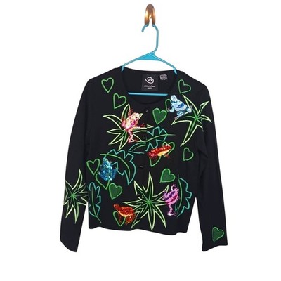 Michael Simon Sequin Frog Cardigan Womens S Vintage Novelty Sweater 2003