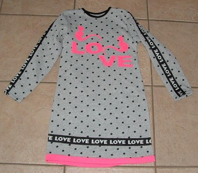 Girls Sz XS Gray Polka Dot Kitty Cat Love Print Fleece Lined Long Sleeve Dress