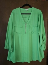 Cato Bright Green Top 3/4 Roll Tab Sleeves Zipper Pockets Size 22/24 Tunic