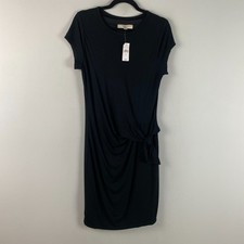 LOFT Ruched Tie Side Dress Size Medium Black Stretch Short Sleeve