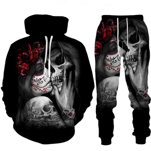 Unisex Hoodie & Jogger Set: Skull Print Punk Sporty Casual Halloween Outfit - Picture 16 of 29