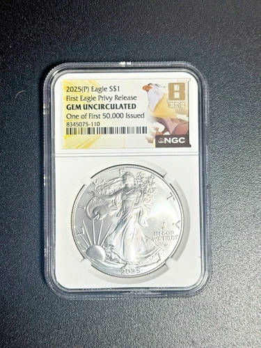 2025 (P) $1 American Silver Eagle NGC GEM BU First 50,000 Issued - Eagle Privy