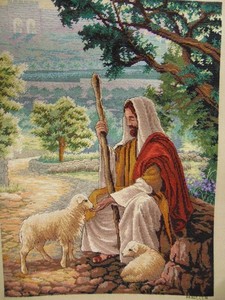 signed 2001 NEEDLEPOINT FRAMED WALL ART "The Good Shepard" 18 1/2" x 22 1/2"