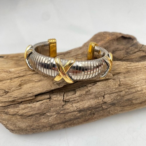 Nice Chunky Cable Silver Tone and Gold Tone Three X's Cuff Bracelet