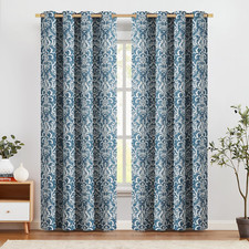 Room Darkening Curtains for Bedroom Blue Damask Patterned Curtains 84 Inch Lengt