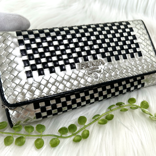 PRADA Braided Leather Madras Long Wallet Silver/Black - Picture 7 of 22
