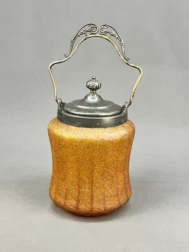 Bohemian Kralik Overshot Amber Iridescent Glass 8 1/2" Biscuit Jar c. 1900 - Picture 2 of 17