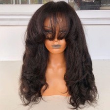 Yaki Wavy Full Machine Made O Scalp Top Human Hair Wig With Bangs Brazilian Remy