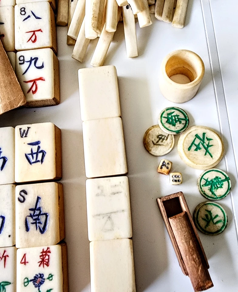Rare Mah Jong Set c. 1923 Hand Crafted Tiles on Chinese Bamboo - Image 4 of 4