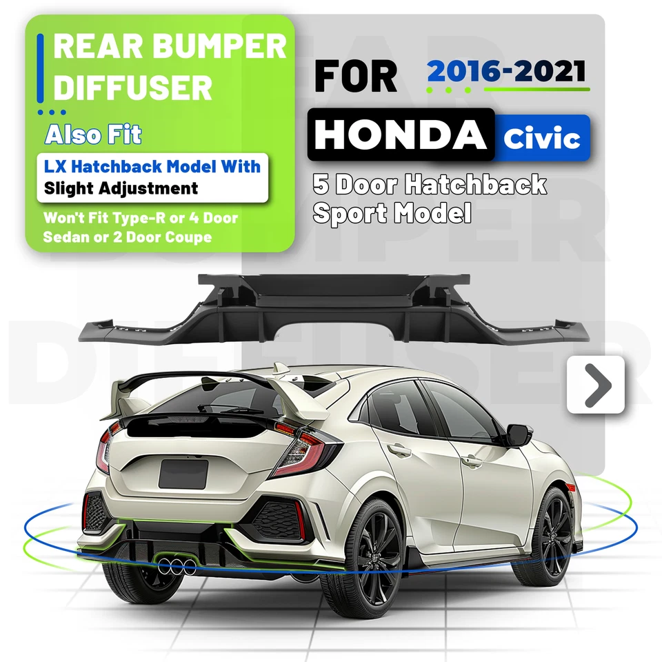 Rear Bumper Lip Diffuser For Honda Civic 2016-2021 5-Door Hatchback Sport Model - Изображение 2 из 4
