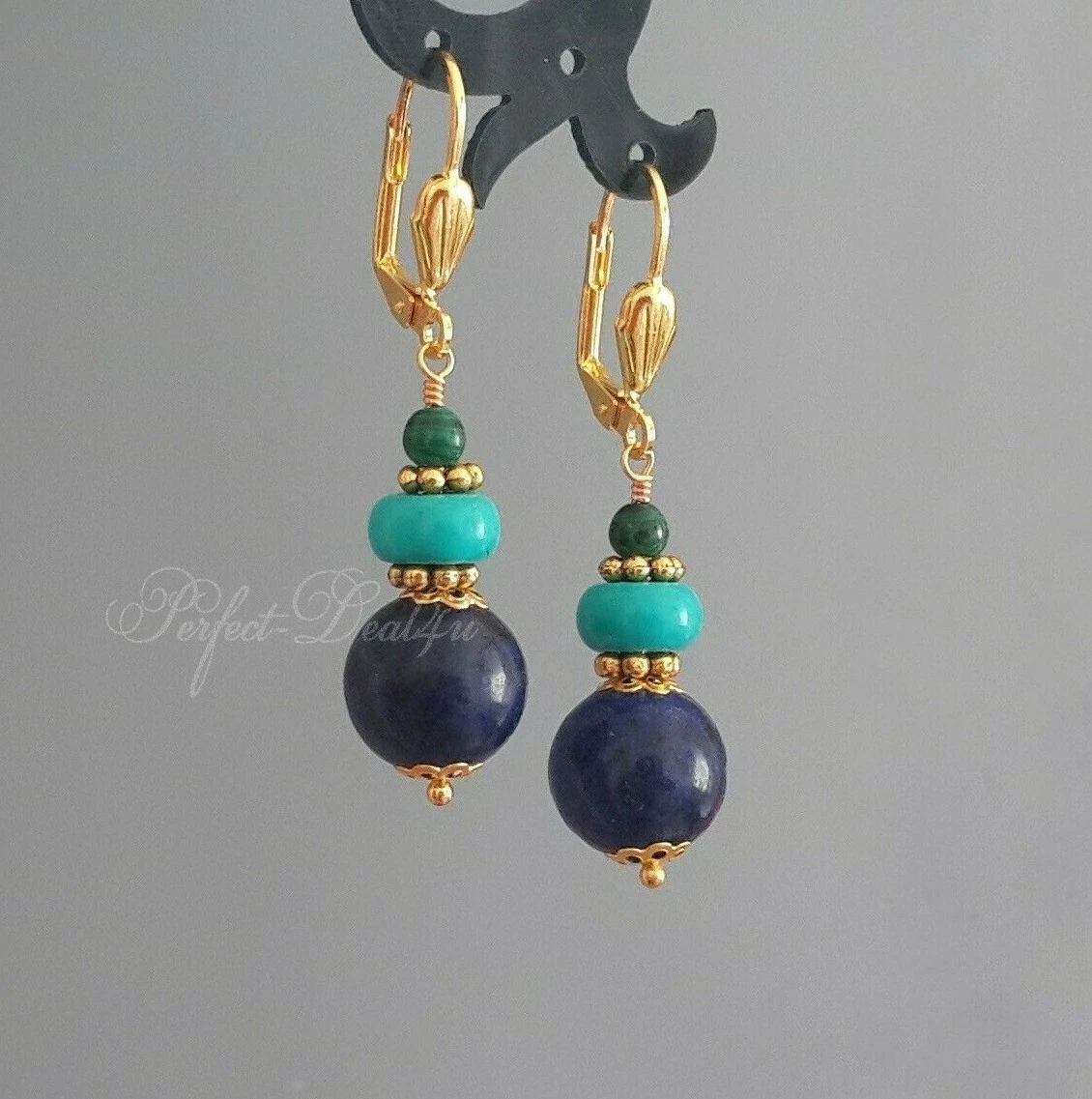 Lapis Lazuli & Turquoise & Malachite Blue Green Gold Plated Leverback Earrings