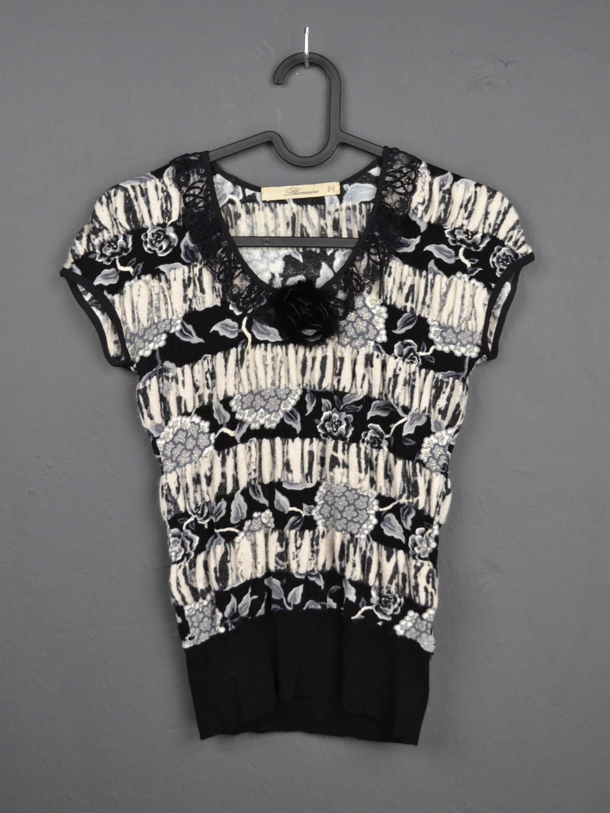 Blumarine Wool Cashmere Angora Poly Shortsleeve Sweater Blouse Lace 40 IT