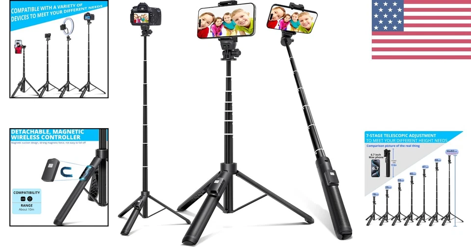 Portable 3-in-1 Selfie Stick Tripod - 62"  with Wireless Remote Control - Image 2 of 4