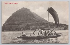 c1908 SWITZERLAND Lago di Lugano Postcard Covered Sail Boat, Monte San Salvatore