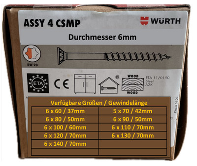 Würth SCHRAUBEN ASSY CSMP 4 Senkkopf Teilgewinde Durchmesser 6mm