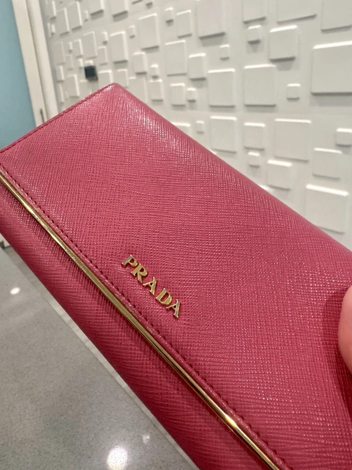 SALE!! Authentic PRADA Gold Logo Pink Saffiano Leather Long Wallet - Image 3 of 4