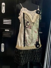 Vintage Ivory Slip with Black Ruffle Hem Lace Upcycled Flapper Gatsby Speakeasy