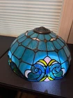 Vintage Tiffany-Style blue stained glass table lamp - double lit peacock design