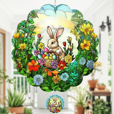 Easter Bunny Wind Spinner with 3D Eggs | Outdoor Indoor Garden Decor