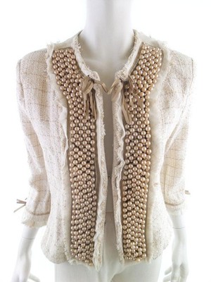 RINASCIMENTO Damen Hakenjacke Gr. L Beige Wolle 3/4 Ärmel Perlen Runder