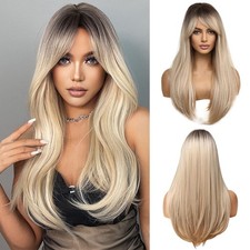 24 Inches Long Straight Ombre Blonde Wig with Bangs for Women Side Parting Na...