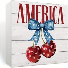 4th of July USA Cherry Star Bow Wooden Box Sign Patriotic Rustic Home Decor Gift