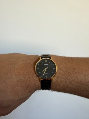 Casio Quartz Analog Dress Watch Black Dial Gold Tone Case Black Metal Bracelet