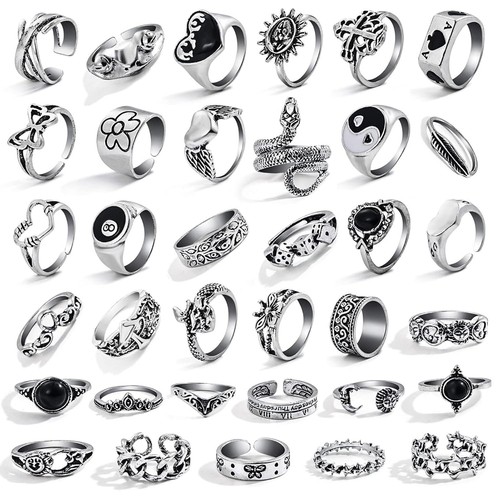 Vintage Silver Grunge Gothic Knuckle Rings Set for Men Women 35 Pcs