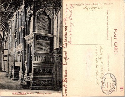 Vintage Christchurch Priory Salisbury Chantry Postcard Great Britain Used 1913