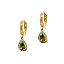 14K Solid Yellow Gold Teardrop CZ Dangle Huggie Hoop Earrings Sparkling Halo