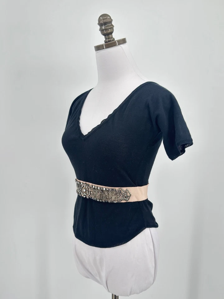 Top Alessandro Dell'Acqua Cinturón Negro Adornado Manga Corta Talla IT 40 US S Foto 2 de 4