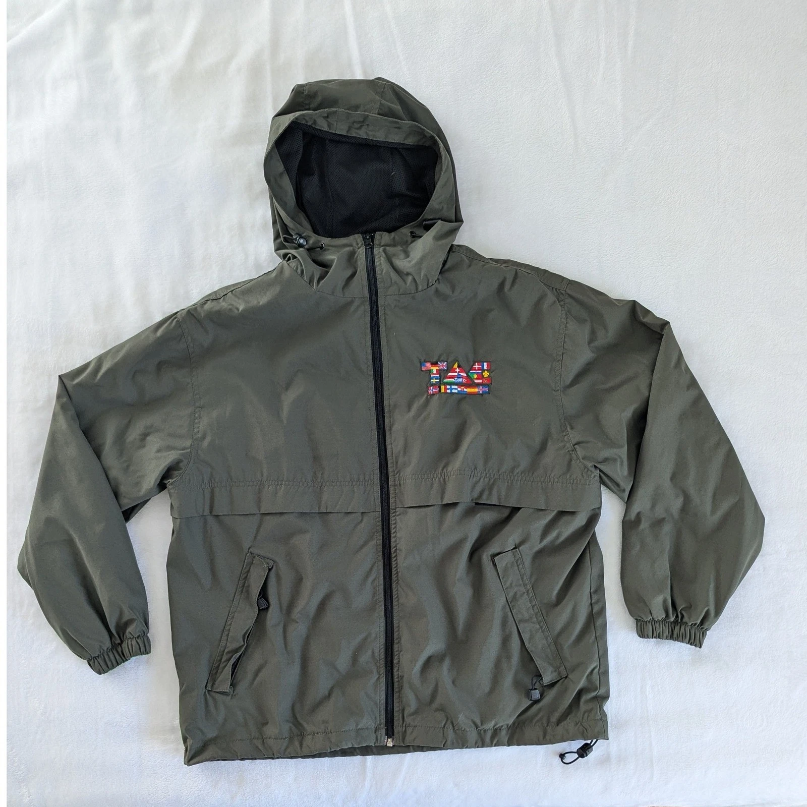 Ultra Club Olive Green Embroidered Flag Patch Windbreaker Jacket Size M Hooded