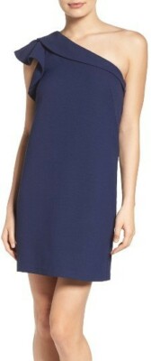 Greylin Sz. M One Ruffle Shoulder Crepe Navy Short Shift Dress Side Zip  NWOT | eBay