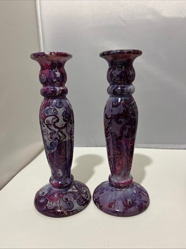 Pair (2) purple paisley scroll pattern glass vases or candle holders 8.5" tall - Picture 9 of 9