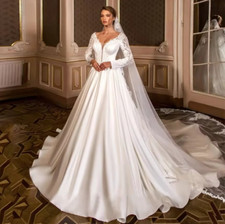 Deep V Neck A Line Women's Wedding Dresses Lace Appliques Bride Gown Long Sleeve