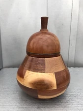 Wooden Pear Condiment Salt Cellar- Inlaid Wooden Pear Rare Wooden Fruit Box 7.5”