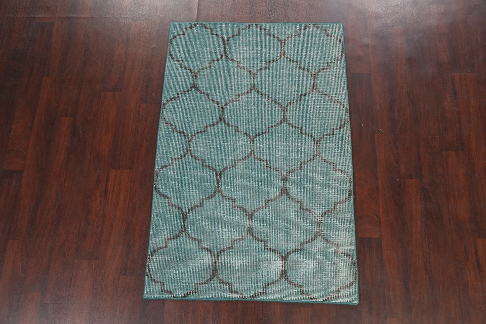 Abstract Teal Green Vintage Style Trellis Area Rug Wool Hand-knotted Carpet 4x6 - Image 2 of 4