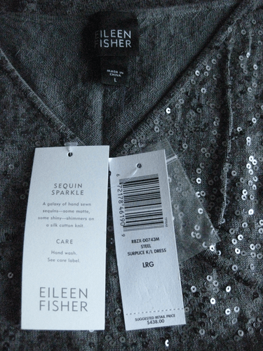  BNWT $438 EILEEN FISHER Silk Cotton Sequin Sparkle STEEL Gray Evening Dress L - Picture 9 of 10