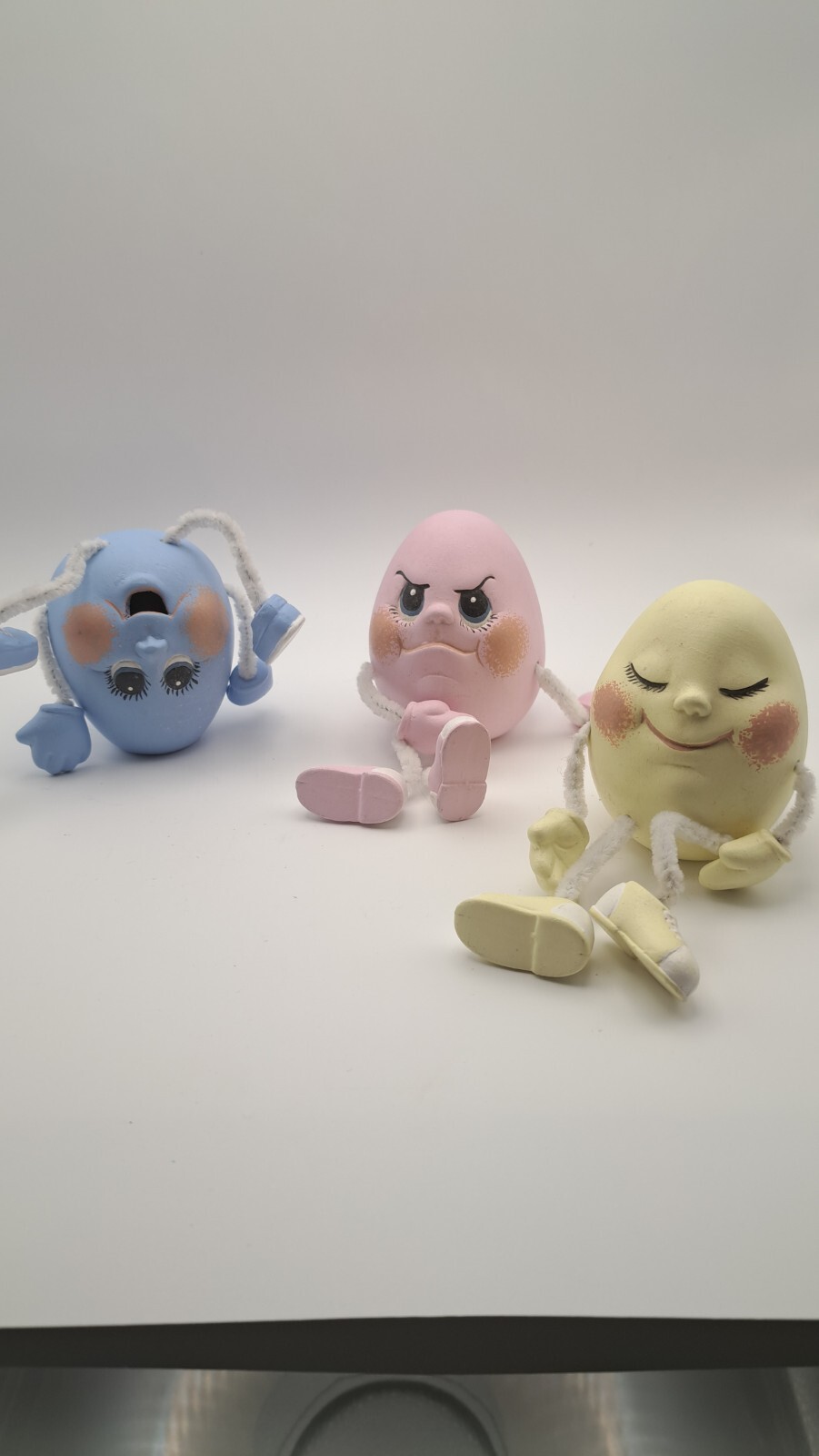 THREE VINTAGE CERAMIC NOGGINS EASTER EGG SHELF SITTERS ANTHROPOMORPHIC FIGURINES