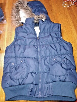 Vanity vest navy blue large women's removable faux fur hoodie
