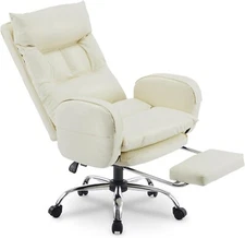 US Beige PU Leather Gaming Chair, Computer Chair W/Footrest &Leg Rest Ergonomic