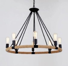 Large Ceiling Hanging Light Industrial Chandelier Black & Hemp Rope, 8 Bulb