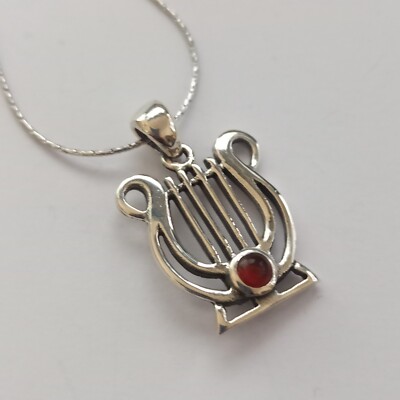 Harp Necklace King David Star Silver 925 Modern Men Women Judaica 925 Gift VTG